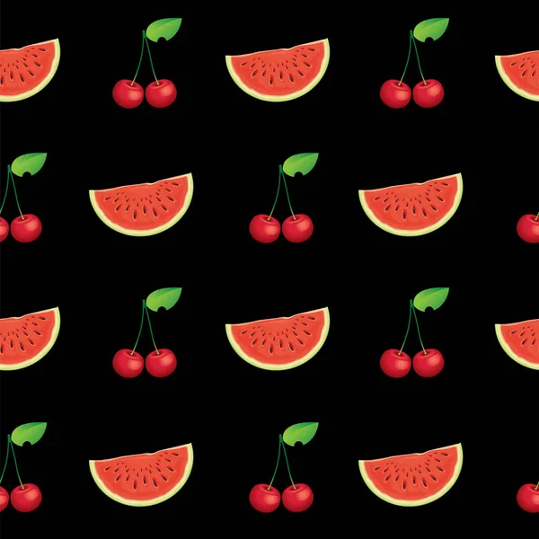 Seamless Pattern Ripe Cherries Juicy Watermelon Slices Summer Vector Background — Stock Vector