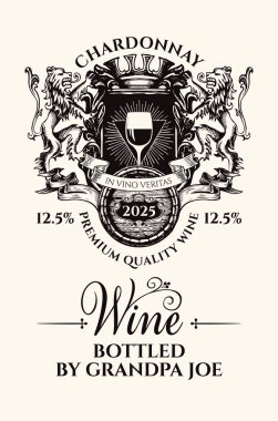 Bir kadeh şarap, papaz tacı, aslan, kurdele ve ahşap fıçıyla armalı özel şarap etiketi. Siyah ve beyaz el çizimi vintage tarzında