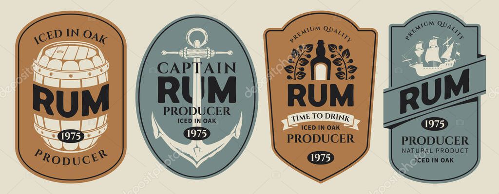 Vector set labels for a bottle of rum on an old paper background. With a barrel, ship, anchor, corkscrew, laurel wreath. Logo in vintage style. Coaster. AI is not used
