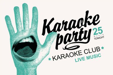 Şarkı söyleyen ağız, el ve yazıyla klasik tarzda karaoke partisi için vektör posteri. Reklam müziği afişi, el ilanı, davetiye, bilet için uygun. Kullanılan yapay zeka yok