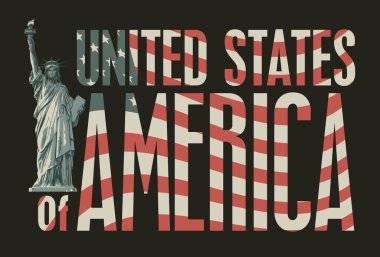 Arka planda Özgürlük Anıtı olan vektör pankartı ve koyu arkaplanda grunge tarzında yazılmış Amerika Birleşik Devletleri yazısı. Logo, tişört tasarımı. ABD simgesinin dekoratif çizimi. Hayır.