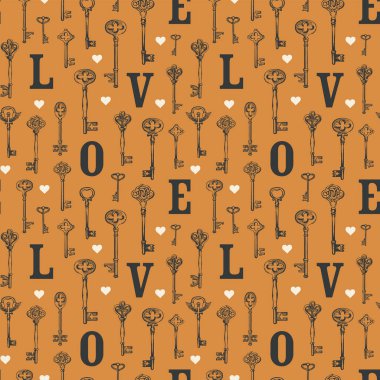 Aşk ve Sevgililer Günü temasında kusursuz bir düzen. Anahtarlar, kalpler ve ilk harflerle. Soyut arkaplan. Duvar kağıdı, ambalaj kağıdı, kumaş, fayans, tekstil için uygun. Hayır.