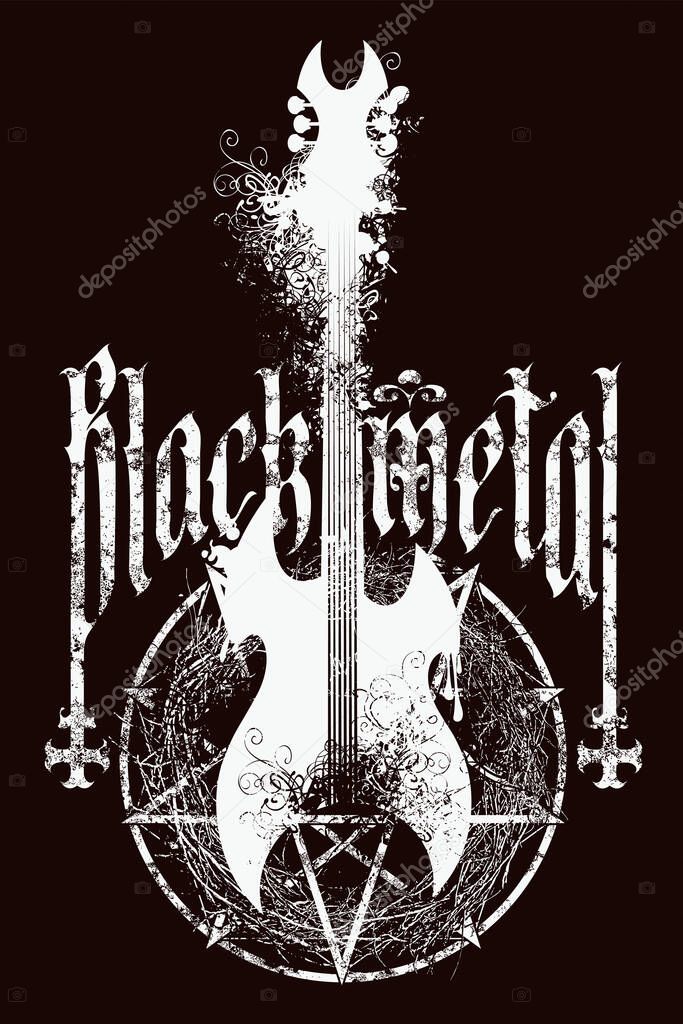 Vector music banner with words Black metal writing Gothic font, electric guitar, pentagram and inverted crosses on black background. Can be used for flyers, posters, t-shirt design, music cover. No ai