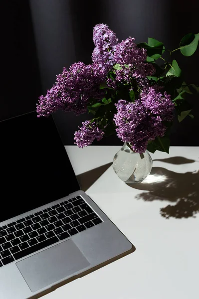 Cam vazoda parlak leylak dalıyla dolu bir hayat Gri perdelerin arkasındaki masada açık dizüstü bilgisayarla