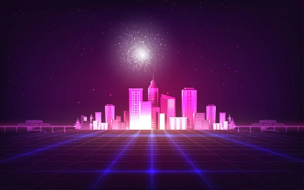 Abstract Background Purple Neon Grids City Silhouette Vintage Style Can — Stock Vector