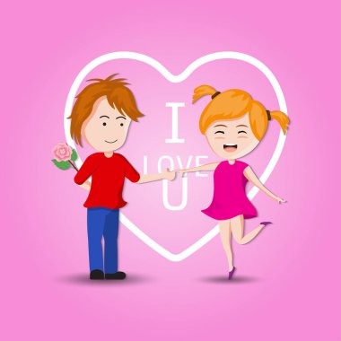 Sevgililer günü. ve Genç neşeli çift kalp üzerinde Sevgililer Festivali için arka plan tasarımı pembe. Vektör çizim.