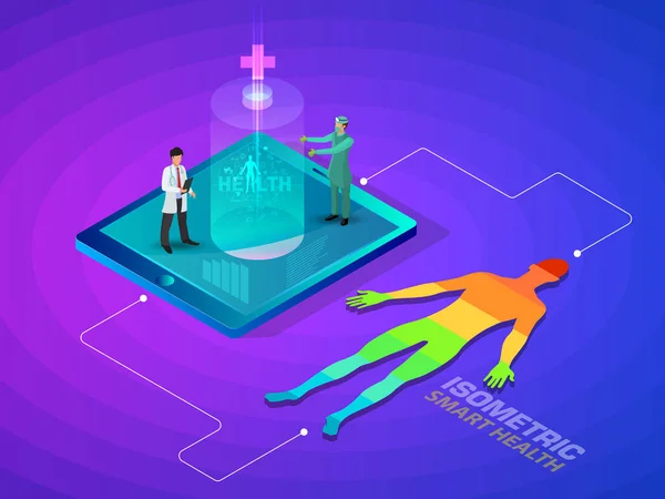 Isometric smart health and medical 3d concept futuristic design illustration - track your health condition through devices network control.
