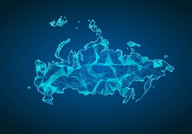 Rusya Haritası ile koyu arka plan üzerinde soyut mash çizgi ve nokta ölçekler. Rusya'nın soyut ağ vektör kavramı. Internet ve bağlantı arka plan harita. Üçgen, nokta, çizgi vektör.