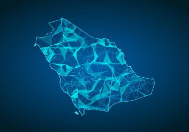 Suudi Arabistan Haritası ile koyu arka plan üzerinde soyut mash çizgi ve nokta ölçekler. Soyut ağ vektör kavramı, Suudi Arabistan. Internet ve bağlantı arka plan harita. Üçgen, nokta, çizgi vektör.