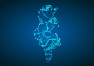 Tunus haritası ile koyu arka plan üzerinde soyut mash çizgi ve nokta ölçekler. Soyut ağ vektör Tunus kavramı. Internet ve bağlantı arka plan harita. Üçgen, nokta, çizgi vektör.
