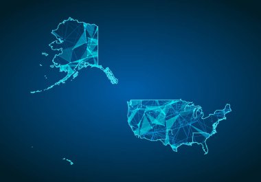 Soyut mash ölçekler ABD Mercator haritası ile koyu arka plan üzerinde çizgi ve nokta. Soyut ağ vektör ABD Mercator kavramı. Internet ve bağlantı arka plan harita. Üçgen, nokta, çizgi vektör.