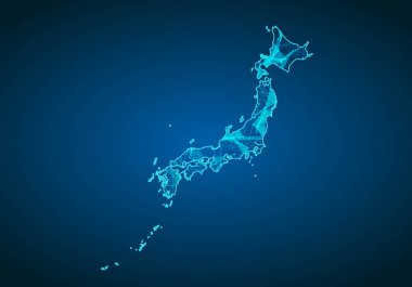 Japonya haritası ile koyu arka plan üzerinde soyut mash çizgi ve nokta ölçekler. Japonya'nın soyut ağ vektör kavramı. Internet ve bağlantı arka plan harita. Üçgen, nokta, çizgi vektör.