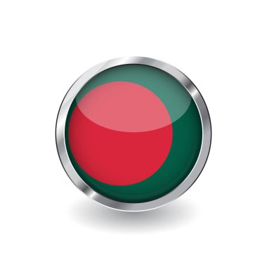 Bangladeş, gölge ile metal çerçeve tuşuna bayrağı. Bangladeş bayrağı simgesi, parlak etkisi ve metalik sınır ile rozet vektör. Beyaz arka plan üzerinde gerçekçi vektör çizim.
