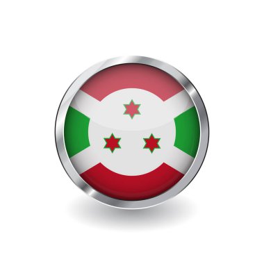 Burund, metal çerçeve ve gölge düğmesi bayrağı. burund bayrak simgesi, parlak etkisi ve metalik sınır ile rozet vektör. Beyaz arka plan üzerinde gerçekçi vektör çizim.
