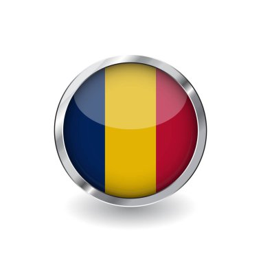 Chad, gölge ile metal çerçeve tuşuna bayrağı. Çad bayrağı simgesi, parlak etkisi ve metalik sınır ile rozet vektör. Beyaz arka plan üzerinde gerçekçi vektör çizim.