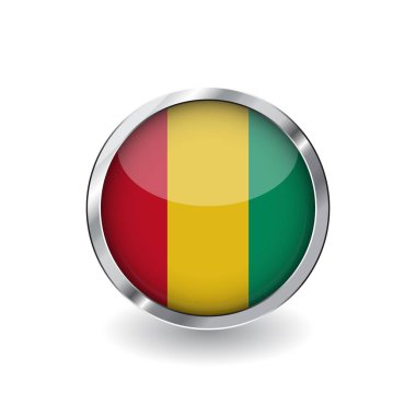 Gine, metal çerçeve ve gölge düğmesi bayrağı. Gine bayrağı simgesi, parlak etkisi ve metalik sınır ile rozet vektör. Beyaz arka plan üzerinde gerçekçi vektör çizim.