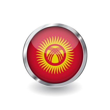 Kırgızistan bayrağı, metal çerçeveli ve gölgeli düğme. Kırgızistan bayrak vektör ikonu, parlak efektli rozet ve metalik kenar. Beyaz arka planda gerçekçi vektör çizimi. Tarihi bayrak