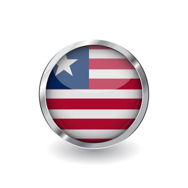 Liberya, gölge ile metal çerçeve tuşuna bayrağı. Liberya bayrağı simgesi, parlak etkisi ve metalik sınır ile rozet vektör. Beyaz arka plan üzerinde gerçekçi vektör çizim.