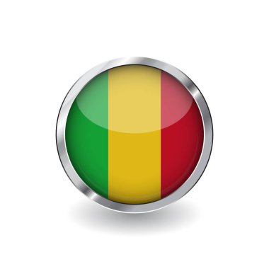 Mali, gölge ile metal çerçeve tuşuna bayrağı. mali bayrağı simgesi, parlak etkisi ve metalik sınır ile rozet vektör. Beyaz arka plan üzerinde gerçekçi vektör çizim.