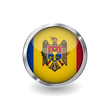 Moldova, metal çerçeve ve gölge düğmesi bayrağı. Moldova bayrağı simgesi, parlak etkisi ve metalik sınır ile rozet vektör. Beyaz arka plan üzerinde gerçekçi vektör çizim.