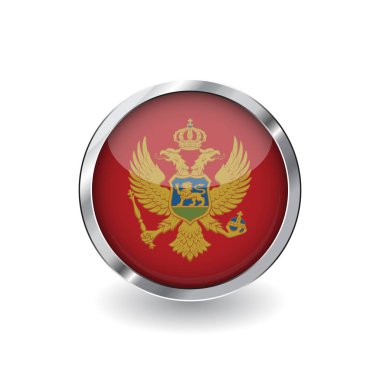 Karadağ, gölge ile metal çerçeve tuşuna bayrağı. Karadağ bayrağı simgesi, parlak etkisi ve metalik sınır ile rozet vektör. Beyaz arka plan üzerinde gerçekçi vektör çizim.