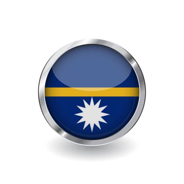 Nauru, gölge ile metal çerçeve tuşuna bayrağı. Nauru bayrak simgesi, parlak etkisi ve metalik sınır ile rozet vektör. Beyaz arka plan üzerinde gerçekçi vektör çizim.