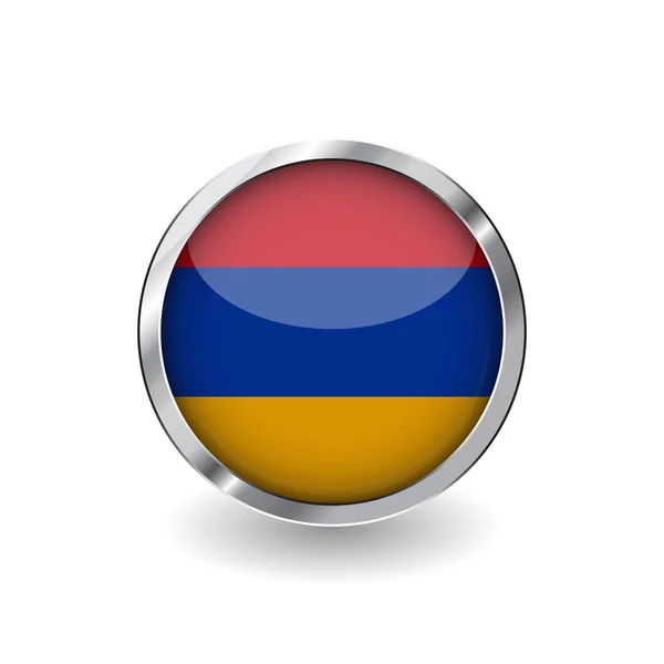 亚美尼亚国旗 金属框和阴影按钮 亚美尼亚国旗矢量图标 徽章具有光泽效果和金属边框 白色背景上的逼真向量图 — 图库矢量图片