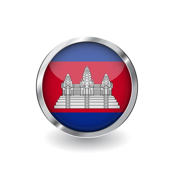 Bandera Cambodia Botón Con Marco Metal Sombra Cambodia Icono Del — Vector de stock