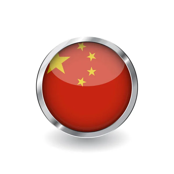 中国国旗 金属框和阴影按钮 中国国旗矢量图标 徽章具有光泽效果和金属边框 白色背景上的逼真向量图 — 图库矢量图片
