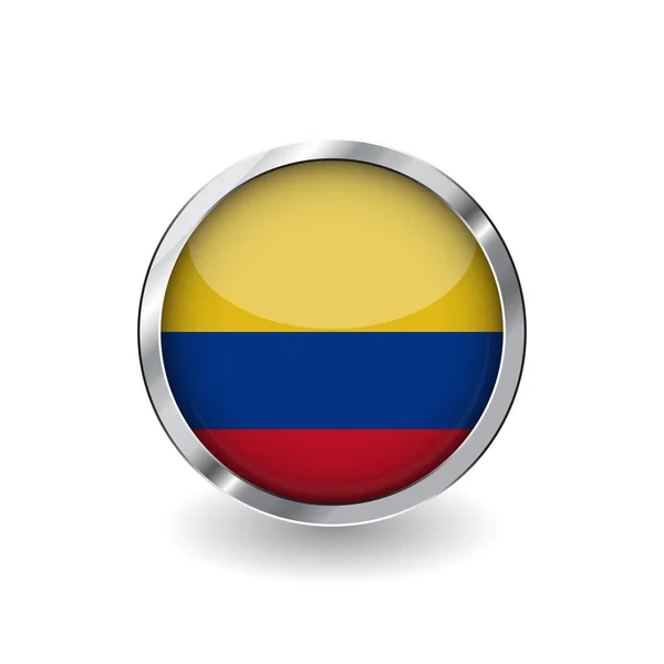 哥伦比亚国旗 金属框和阴影按钮 哥伦比亚国旗矢量图标 徽章具有光泽效果和金属边框 白色背景上的逼真向量图 — 图库矢量图片