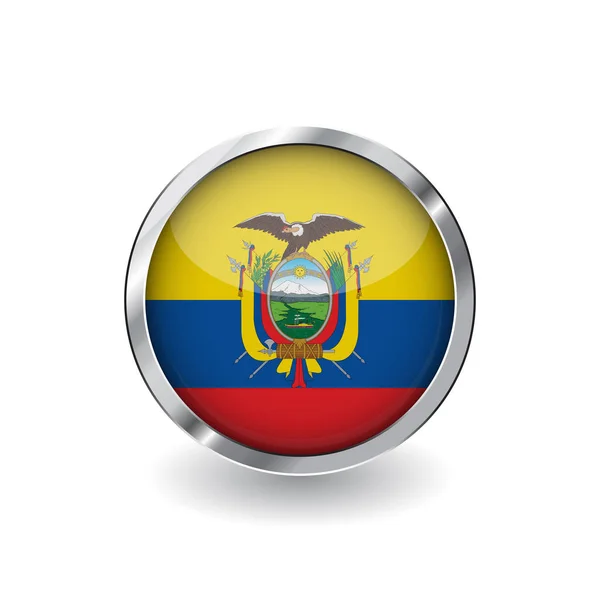 厄瓜多尔国旗 金属框和阴影按钮 厄瓜多尔国旗矢量图标 徽章具有光泽效果和金属边框 白色背景上的逼真向量图 — 图库矢量图片