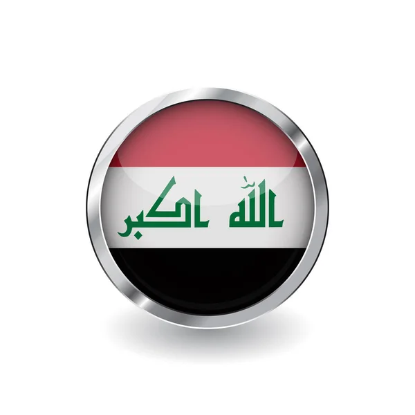 伊拉克国旗 金属框和阴影按钮 伊拉克国旗矢量图标 徽章具有光泽效果和金属边框 白色背景上的逼真向量图 — 图库矢量图片