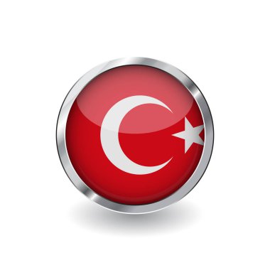 Türkiye, metal çerçeve ve gölge düğmesi bayrağı. Türkiye'nin bayrak simgesi, parlak etkisi ve metalik sınır ile rozet vektör. Beyaz arka plan üzerinde gerçekçi vektör çizim.