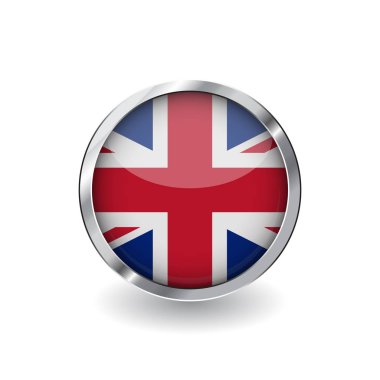 İngiltere, gölge ile metal çerçeve tuşuna bayrağı. İngiltere bayrak simgesi, parlak etkisi ve metalik sınır ile rozet vektör. Beyaz arka plan üzerinde gerçekçi vektör çizim.