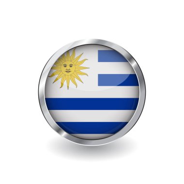 Uruguay, gölge ile metal çerçeve tuşuna bayrağı. Uruguay bayrağı simgesi, parlak etkisi ve metalik sınır ile rozet vektör. Beyaz arka plan üzerinde gerçekçi vektör çizim.
