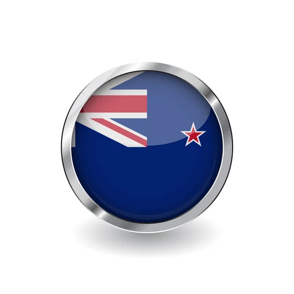 Vlag Van Nieuw Zeeland Knop Met Metalen Frame Schaduw Vlag — Stockvector