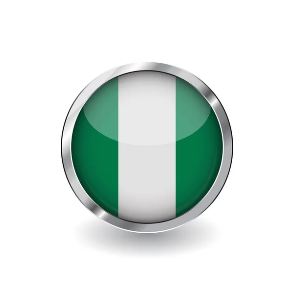 Flaggan Nigeria Knapp Med Metallram Och Skugga Nigeria Flagga Vektor — Stock vektor