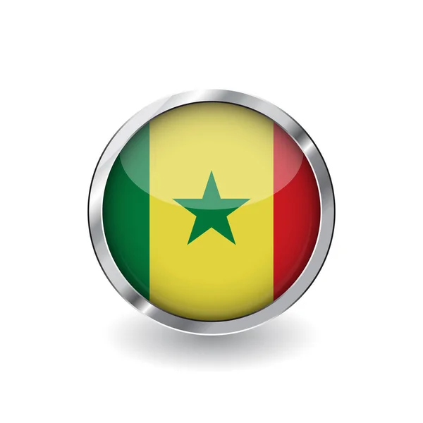 セネガル 金属製のフレームと影ボタンの旗 セネガル国旗ベクトル アイコン 光沢のある効果と金属枠バッジ 白い背景の上の現実的なベクトル図 — ストックベクタ