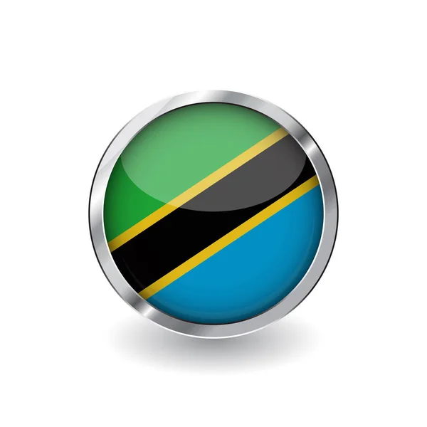 Bandeira Tanzania Botão Com Moldura Metal Sombra Ícone Vetor Bandeira —  Vetores de Stock