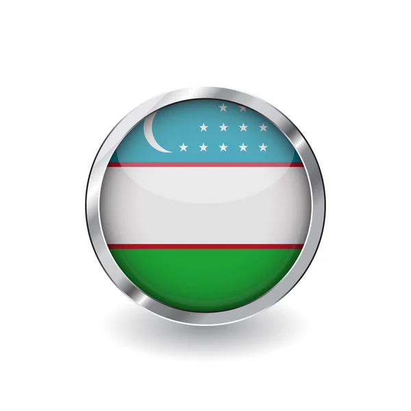 Bandera Uzbekistán Botón Con Marco Metal Sombra Uzbekistan Flag Vector — Vector de stock