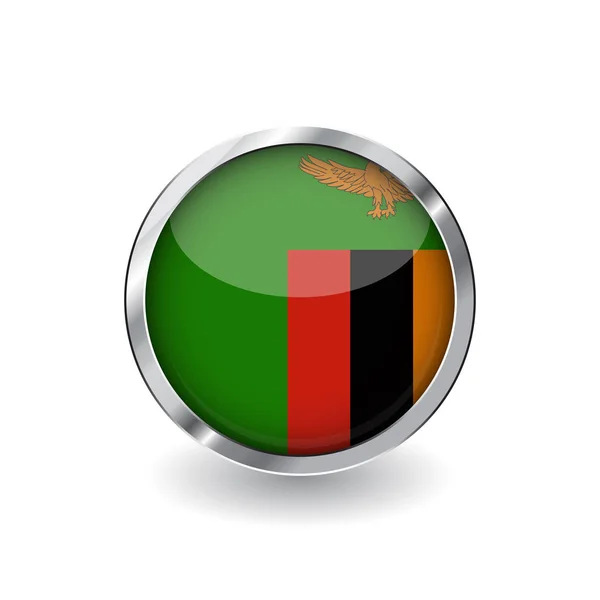 Vlajka Zambie Tlačítko Kovovým Rámem Stín Vlajka Zambie Vektorové Ikony — Stockový vektor