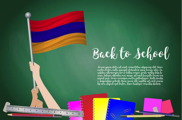 Vector Flag Armenia Black Chalkboard Background Education Background Hands Holding — Stock Vector