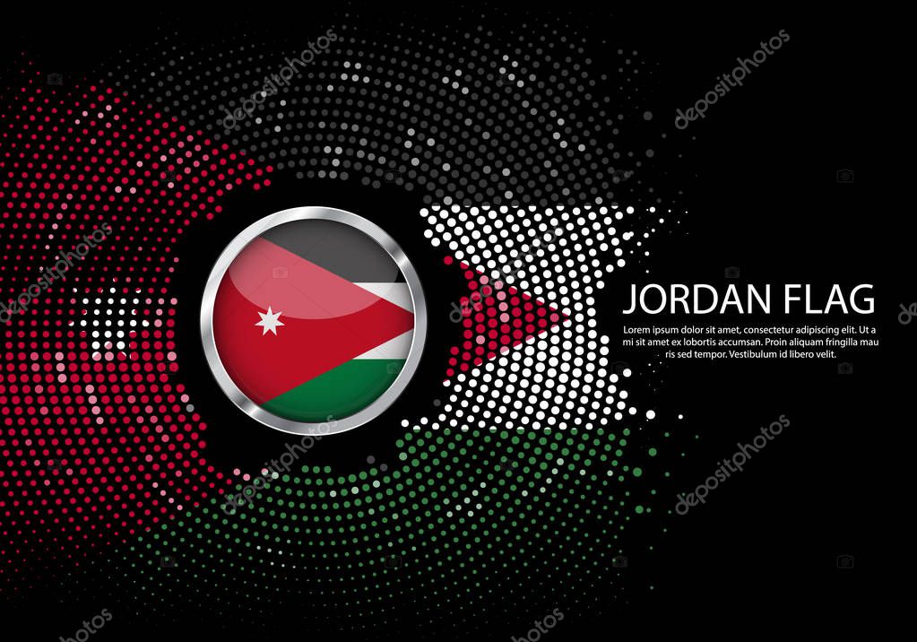 Background Halftone gradient template or LED neon Light on round Dots style of Jordan flag.  Modern soccer cup for futuristic background with circle metallic round of Jordan flag. Vector.