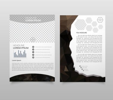 Kapak tasarım broşür şablon düzeni, faaliyet raporu, dergi, el ilanı, A4 broşür kitapçıkta turkuaz renkli üçgenler doku ve poligonal arka plan ile. Vektör çizim.