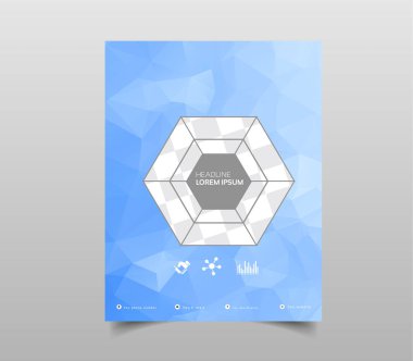 Kapak tasarım broşür şablonu düzeni, faaliyet raporu, dergi, el ilanı veya A4 kitapçık poligonal zemin üzerine mavi geometrik şekillerle. Vektör çizim.
