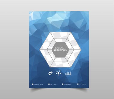 Kapak tasarım broşür şablonu düzeni, faaliyet raporu, dergi, el ilanı veya A4 kitapçık poligonal zemin üzerine mavi geometrik şekillerle. Vektör çizim.