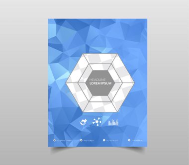 Kapak tasarım broşür şablonu düzeni, faaliyet raporu, dergi, el ilanı veya A4 kitapçık poligonal zemin üzerine mavi geometrik şekillerle. Vektör çizim.