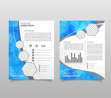 Broşür şablonu düzeni, kapak tasarım yıllık rapor, dergi, A4 broşürü patlama iş ve satış alışveriş için mavi poligonal üçgen, 3d mesh çokgenler, mermi, çizgiler, ile. Vektör çizim.