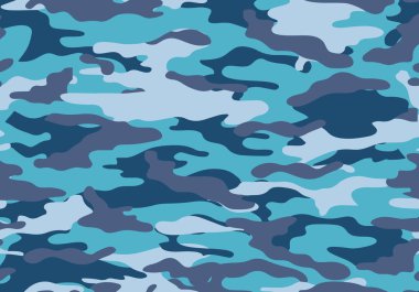 Kamuflaj desen arka plan. mavi renk stili. Yapraklar ve dallar şekiller. Askeri ordu camo arka plan. Woodland tarzı. vektör çizim.