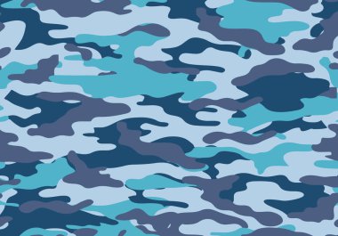 Kamuflaj desen arka plan. mavi renk stili. Yapraklar ve dallar şekiller. Askeri ordu camo arka plan. Woodland tarzı. vektör çizim.